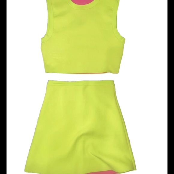 Zara 2 Pc Set Stretch Skirt & Top In Acid Green/ Yellow Color Women Sz S/ M - Picture 7 of 11